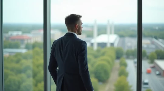 Professionnel en costume regardant l'horizon depuis un bâtiment moderne en Vendée