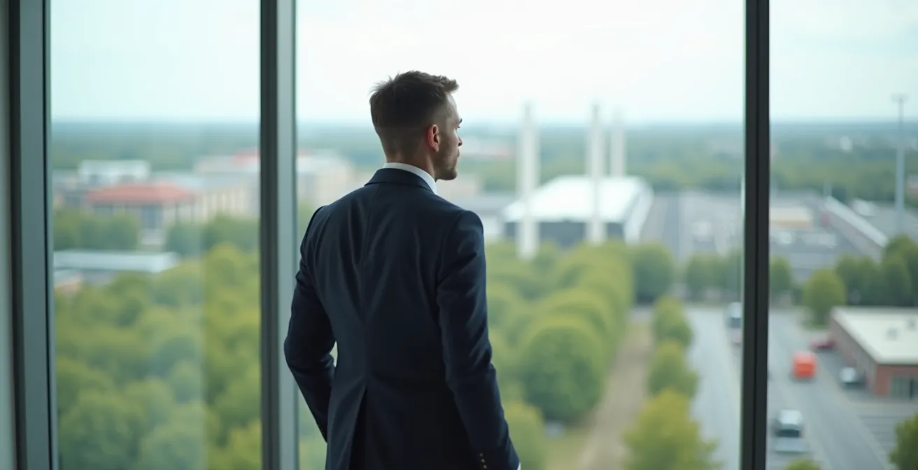 Professionnel en costume regardant l'horizon depuis un bâtiment moderne en Vendée