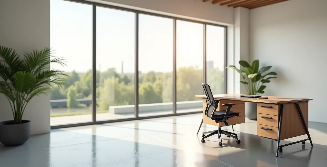 Espace de travail moderne minimaliste avec vue sur paysage vendéen