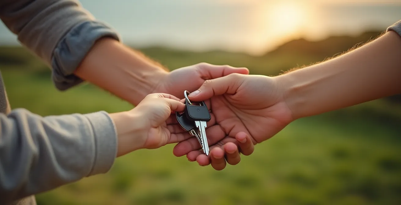 Mains d'adultes et d'enfant tenant des clés de maison sur fond de paysage vendéen